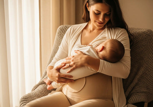 Madre amamantando cómoda usando faja posparto beige