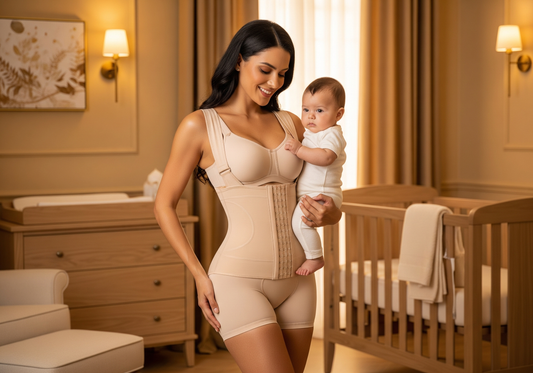 Madre latina estilizada usando una faja colombiana color beige mientras carga a su bebé en una habitación con tonos dorados y cálidos, mostrando elegancia, confianza y bienestar.