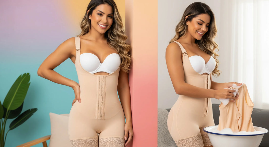 Ilustración de manos lavando suavemente una faja colombiana, mostrando la técnica de cuidado