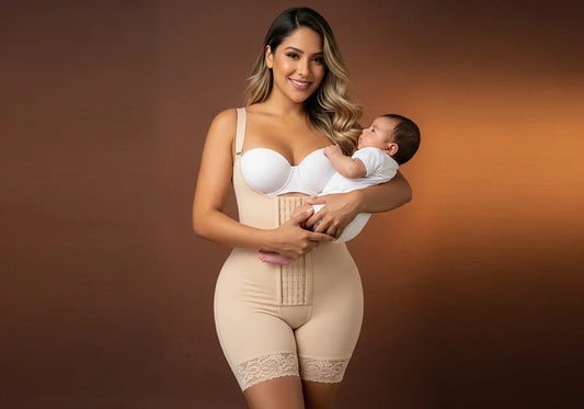 Ilustración de fajas postparto, destacando beneficios como soporte abdominal, reducción de hinchazón y protección de incisión