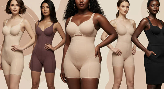 Ilustración de un grupo diverso de mujeres con diferentes tipos de cuerpo, luciendo seguras, representando el ajuste y estilo para cada figura con fajas colombianas.