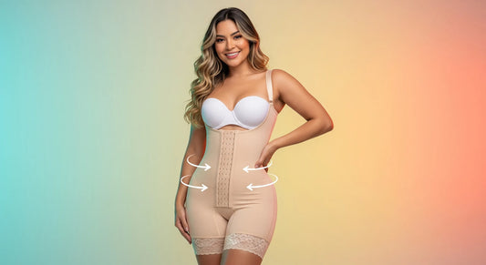 Ilustración de una figura con ropa ajustada y silueta suave, con elementos que sugieren moldeo sin cirugía y confianza