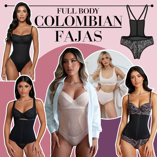 Collage showing different types of full body Colombian fajas, including bodysuit, shorts style, and thong styles.