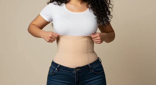 Ilustración conceptual mostrando diferentes niveles de compresión (baja, media, alta) en una faja colombiana, representando soporte y moldeo