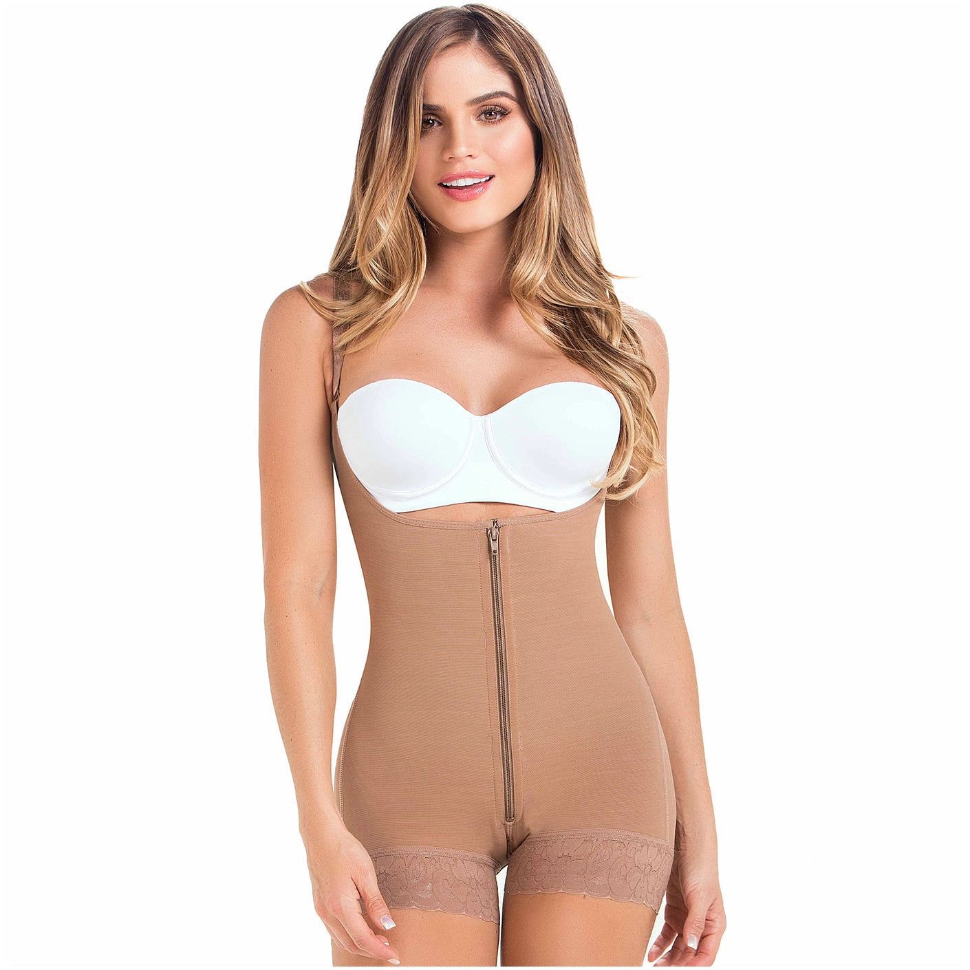 Body Faja Colombiana MariaE FPF5530 Postparto Uso Diario Cierre Frontal Busto Libre Media Pierna - fajascolombianas