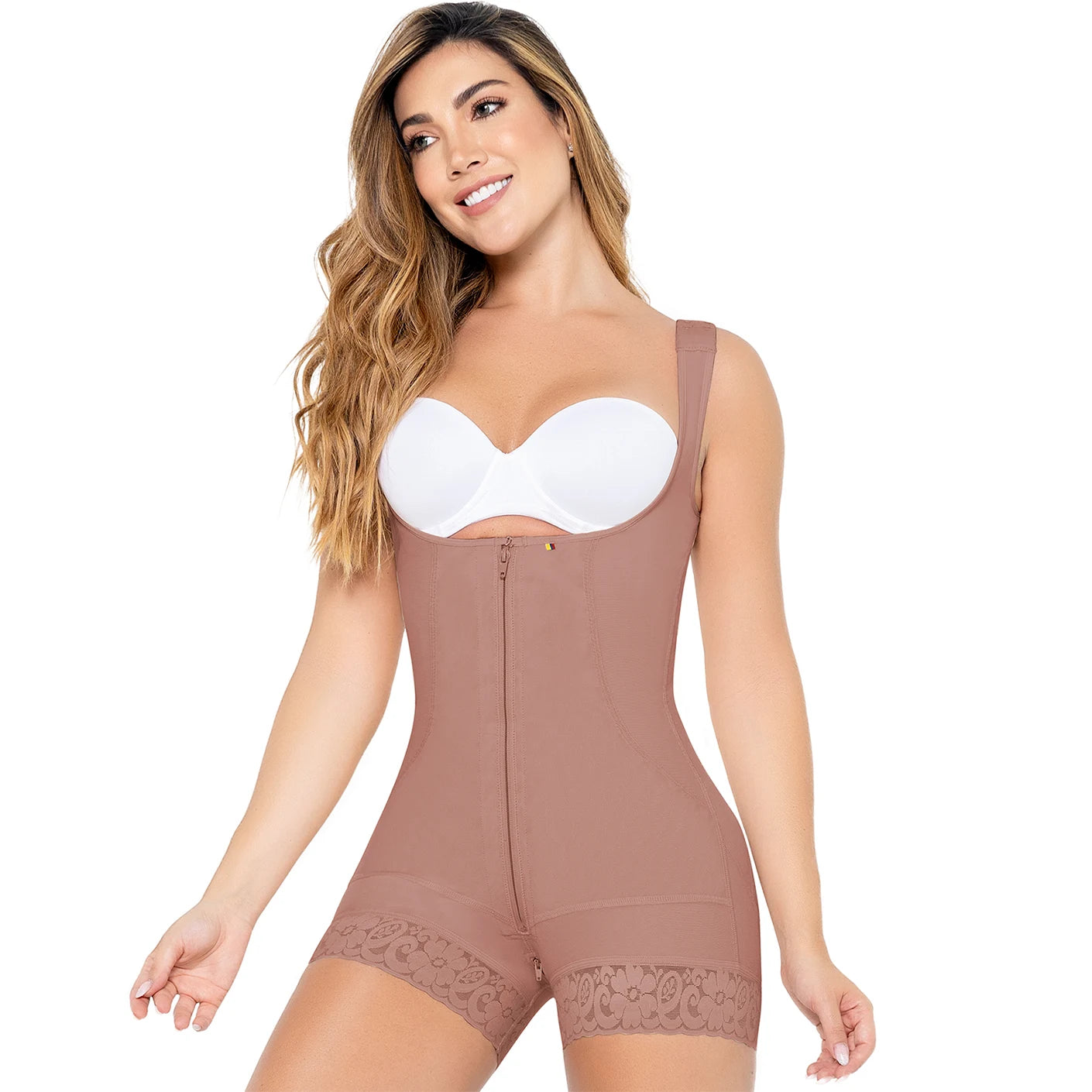 Body Faja Colombiana MariaE FPF5530 Postparto Uso Diario Cierre Frontal Busto Libre Media Pierna - fajascolombianas