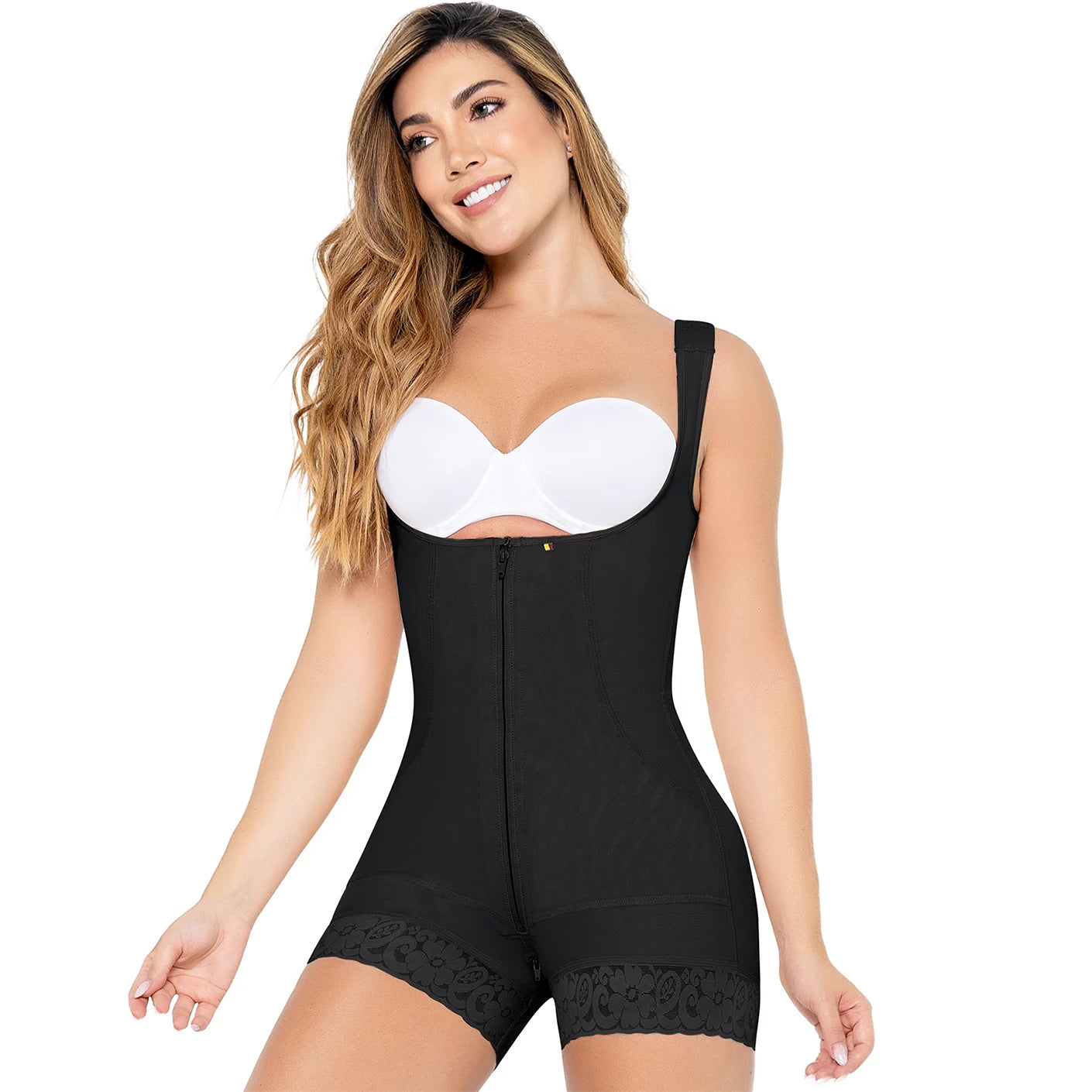 Body Faja Colombiana MariaE FPF5530 Postparto Uso Diario Cierre Frontal Busto Libre Media Pierna - fajascolombianas
