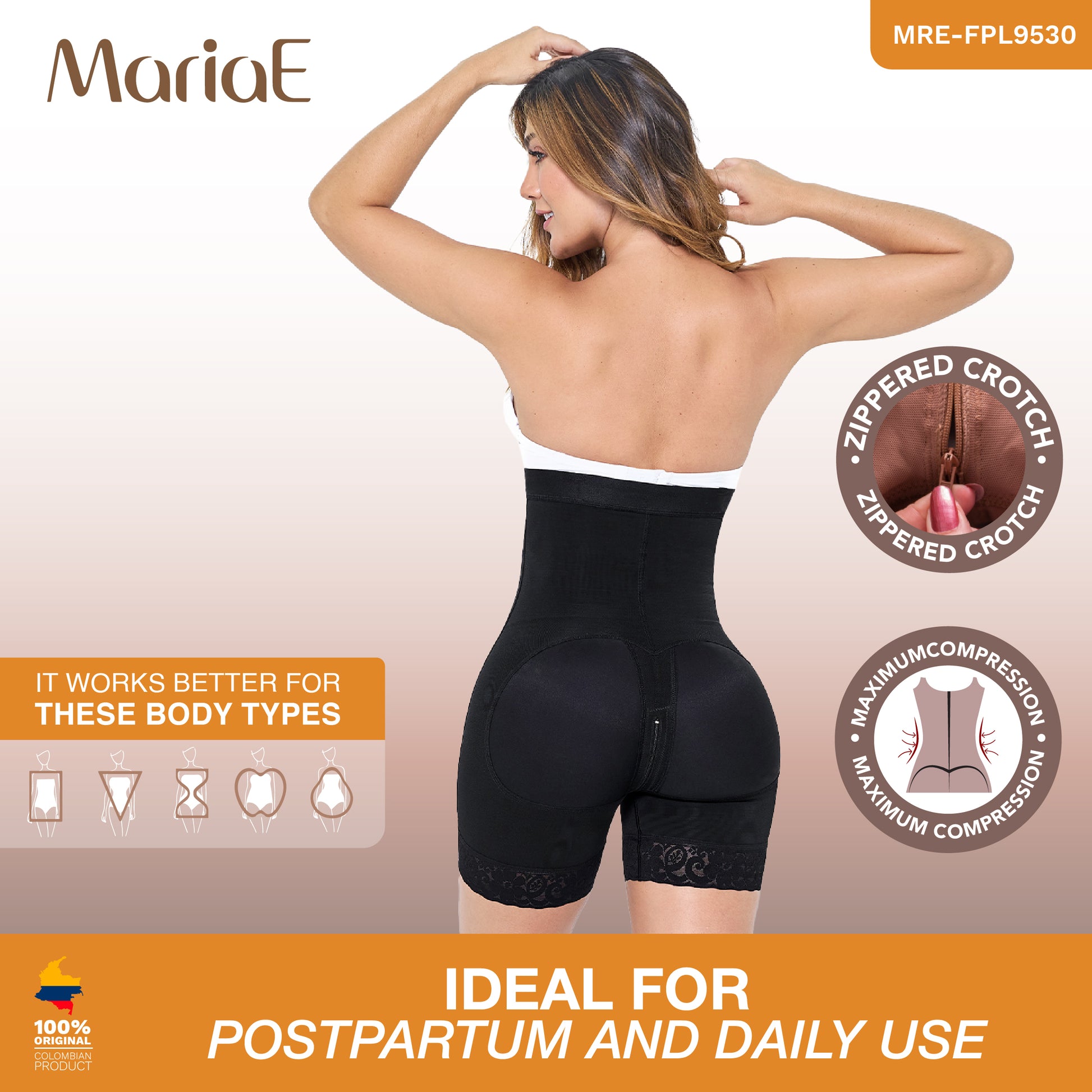 Body Faja Colombiana MariaE FPL9530 Postparto Uso Diario Tipo Short Cintura Alta Cierre Lateral Busto Libre - fajascolombianas