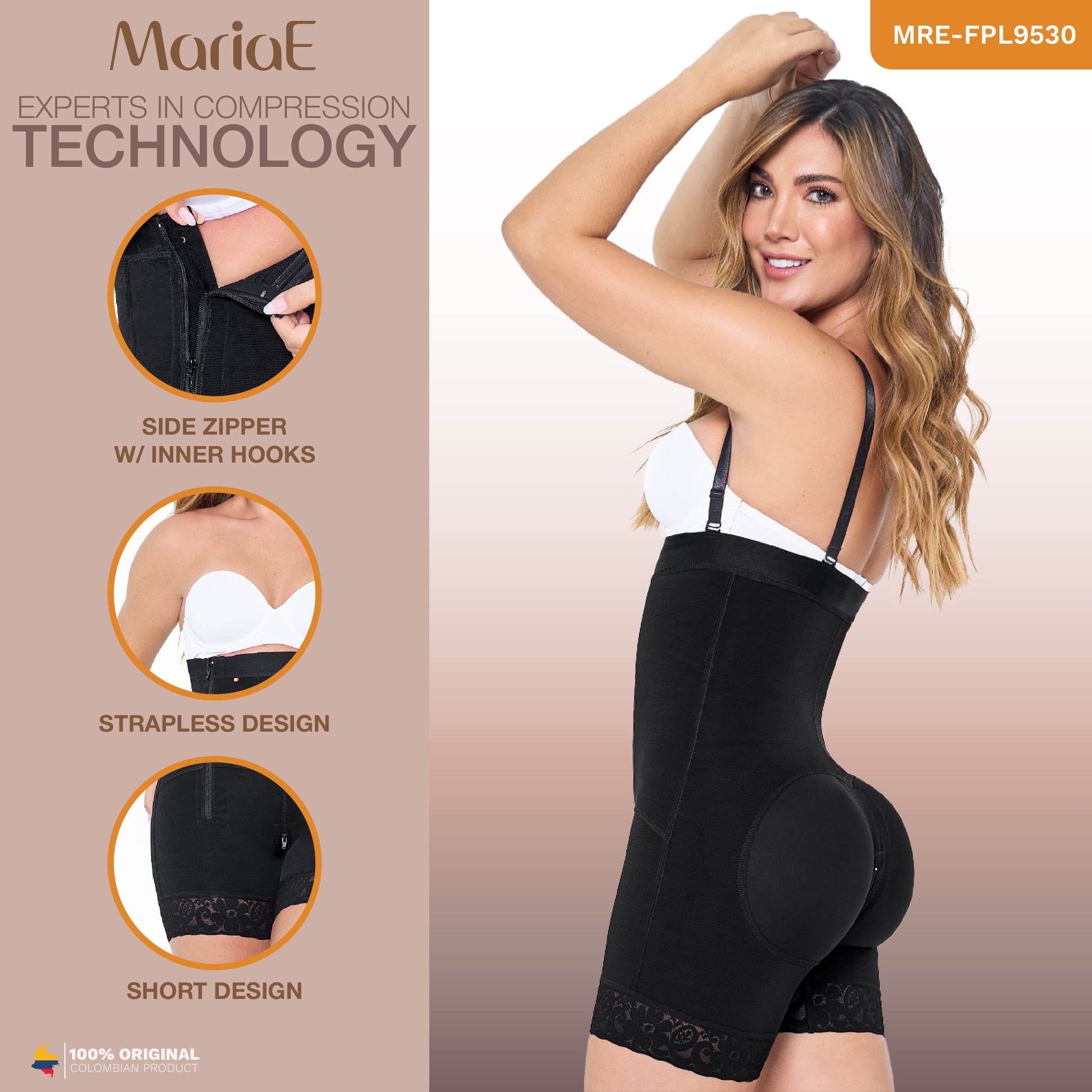Body Faja Colombiana MariaE FPL9530 Postparto Uso Diario Tipo Short Cintura Alta Cierre Lateral Busto Libre - fajascolombianas