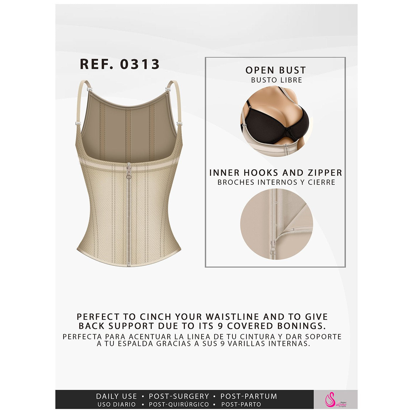Postpartum Natural-birth and Everyday Shapewear Inner Hooks, Adjustable Straps, Medium Compression Fajas Salome 0313-7-Shapes Secrets Fajas