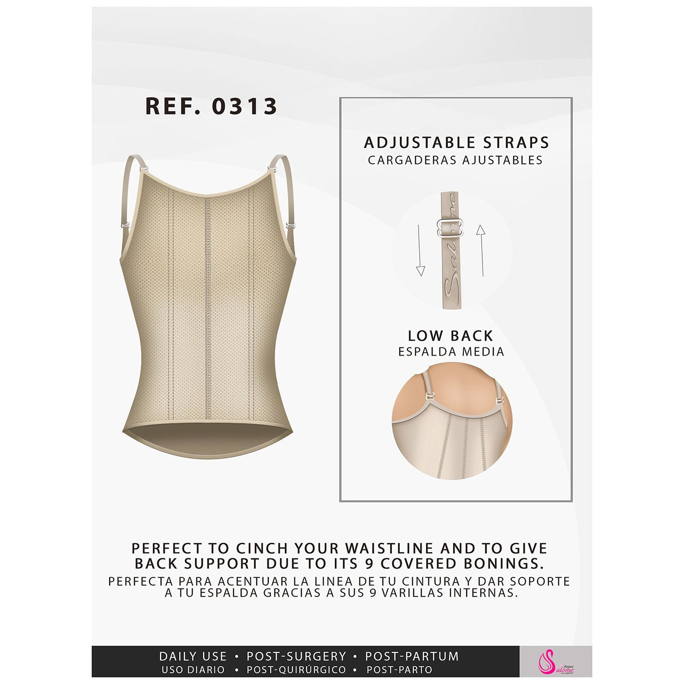 Postpartum Natural-birth and Everyday Shapewear Inner Hooks, Adjustable Straps, Medium Compression Fajas Salome 0313-8-Shapes Secrets Fajas