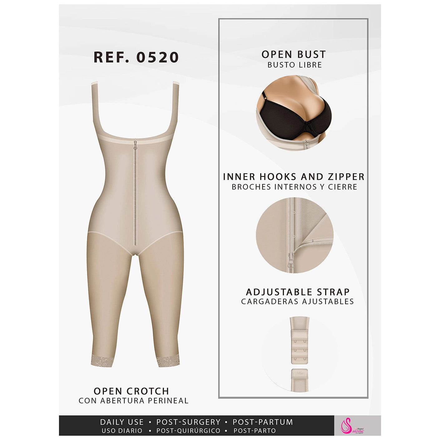 Body Faja Salome 0520 Powernet Postoperatoria Busto abierto Levanta Glúteos - fajascolombianas