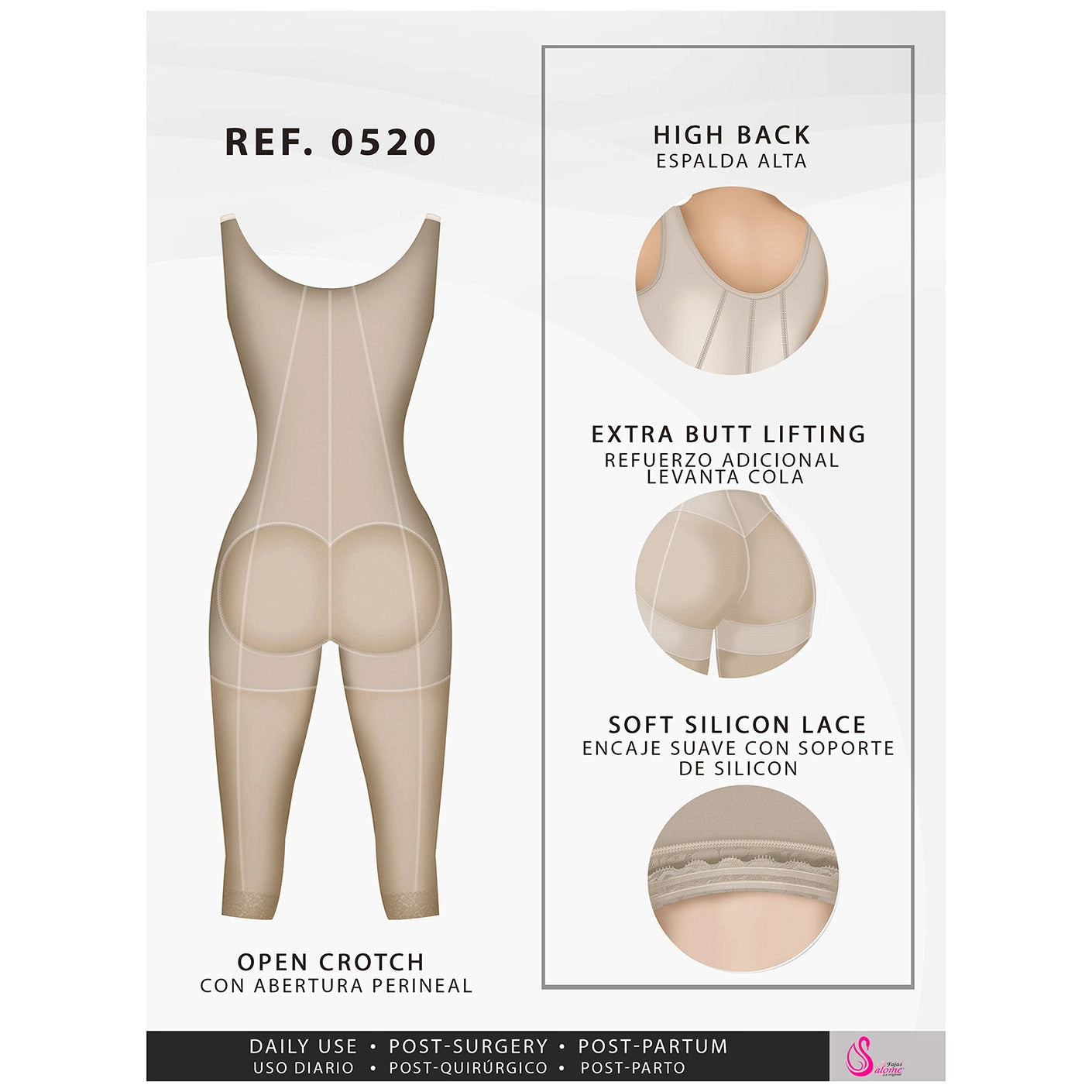 Body Faja Salome 0520 Powernet Postoperatoria Busto abierto Levanta Glúteos - fajascolombianas