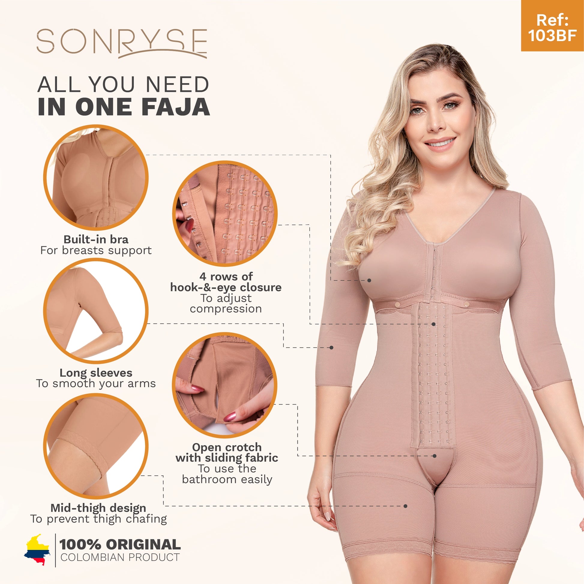 Faja Colombiana Postoperatoria con Mangas y Sujetador Etapa 2 SON-103BF Alta Compresión - fajascolombianas