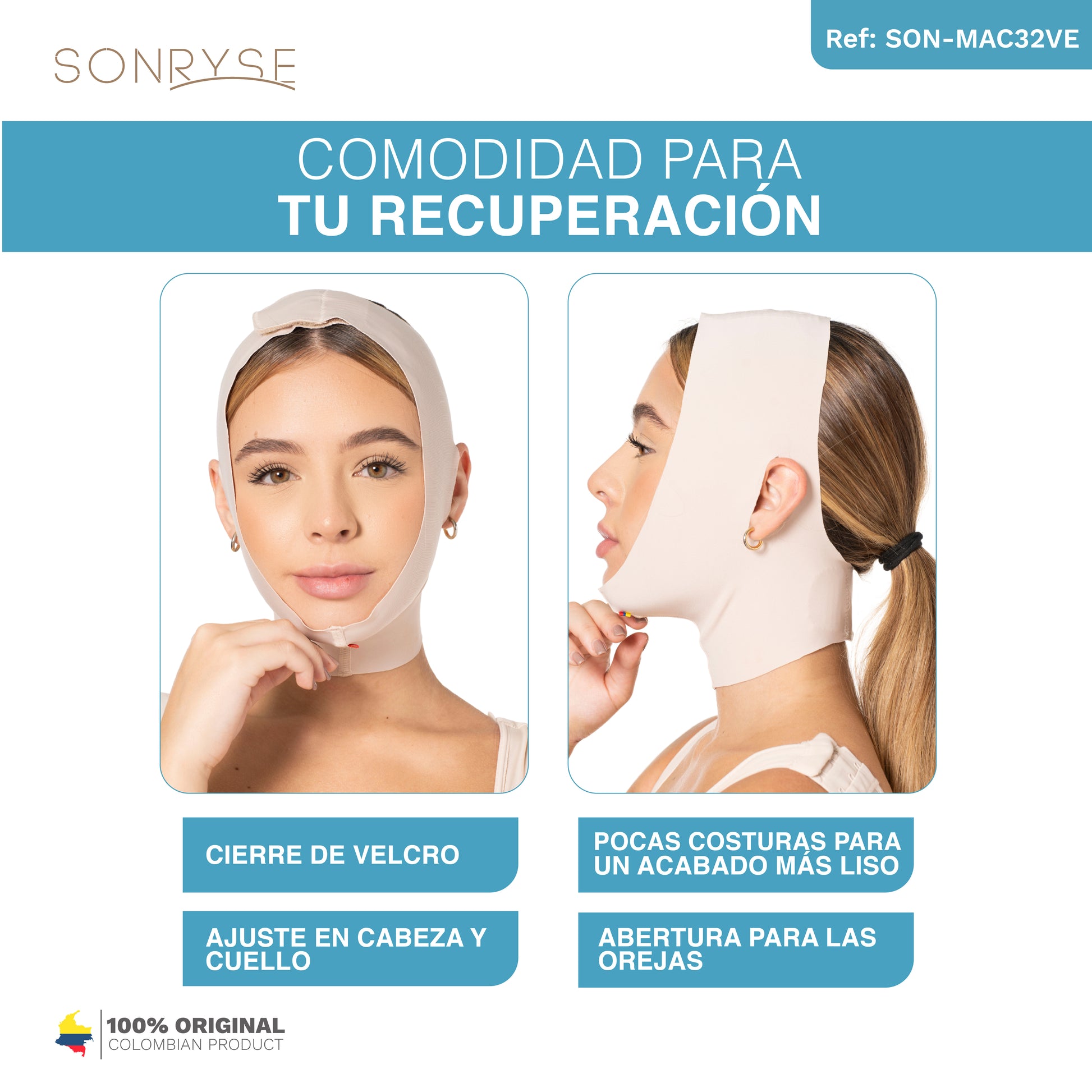 Mentonera Facial Postoperatoria para Papada, Liposucción y Bichectomía Sonryre MAC32VE - fajascolombianas