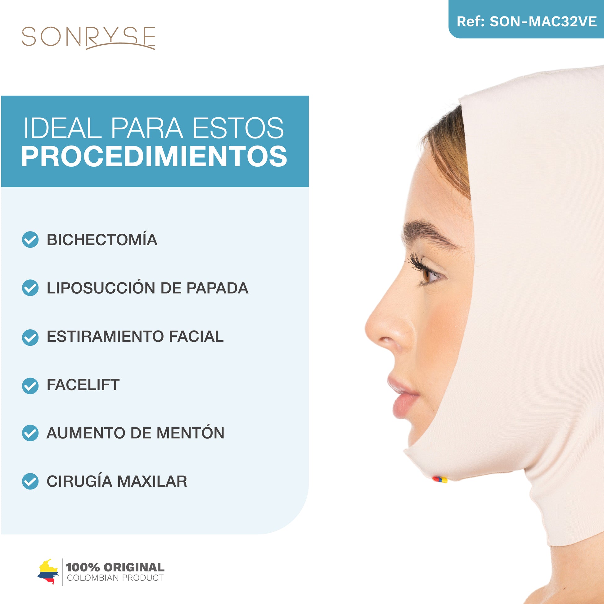 Mentonera Facial Postoperatoria para Papada, Liposucción y Bichectomía Sonryre MAC32VE - fajascolombianas