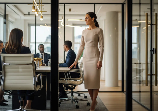 A confident female executive stands beside a conference table, engaged in conversation with colleagues slightly out of focus.
