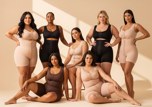 Group of diverse women with different body types wearing Colombian post-surgery compression garments for BBL recovery, in a softly lit studio, showing comfort, confidence, and professional fit.