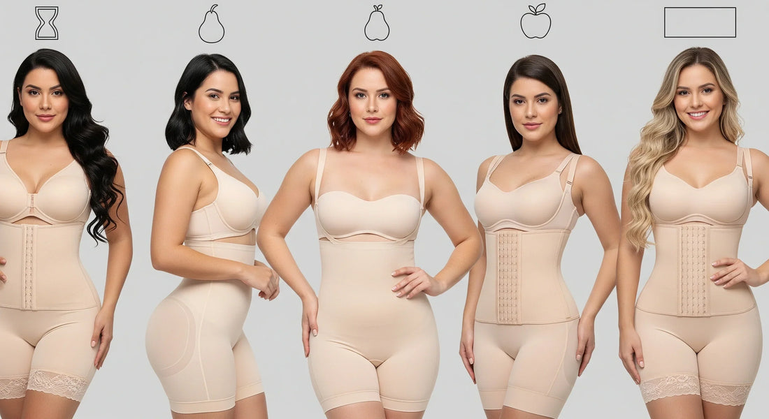 Ilustración mostrando diferentes tipos de cuerpo femeninos y fajas moldeadoras que los complementan.