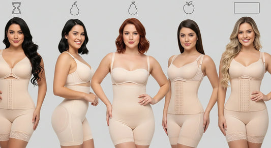 Ilustración mostrando diferentes tipos de cuerpo femeninos y fajas moldeadoras que los complementan.