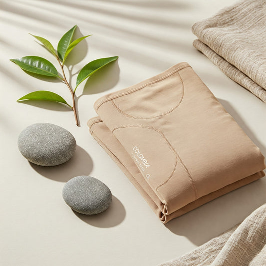Serene flat lay with folded Colombian faja, plant sprout, and smooth stone evoking mindful wellness and care