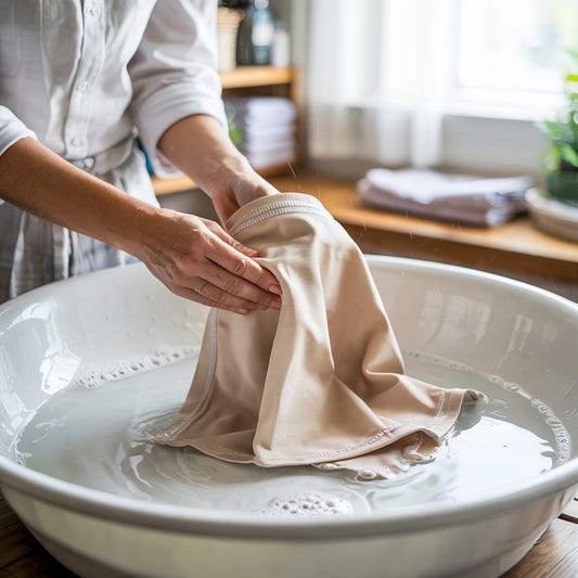 Woman gently hand washing a Colombian faja in a basin with neutral soap and cool water