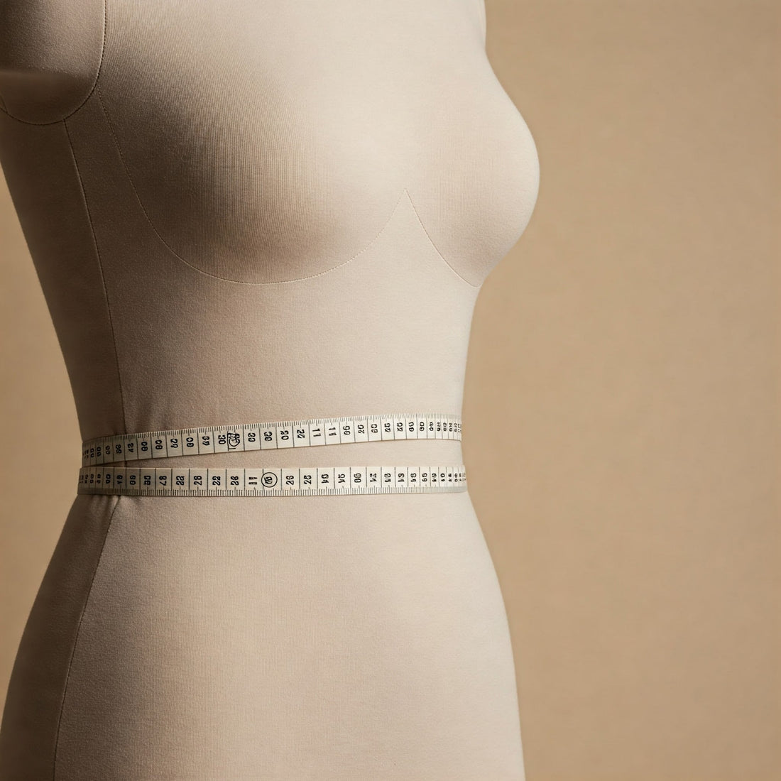 Measuring tape shown around a mannequin's waist, illustrating how to measure for Colombian faja sizing