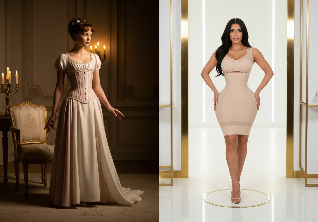 A sophisticated side-by-side editorial image exploring the comeback of the corset silhouette.