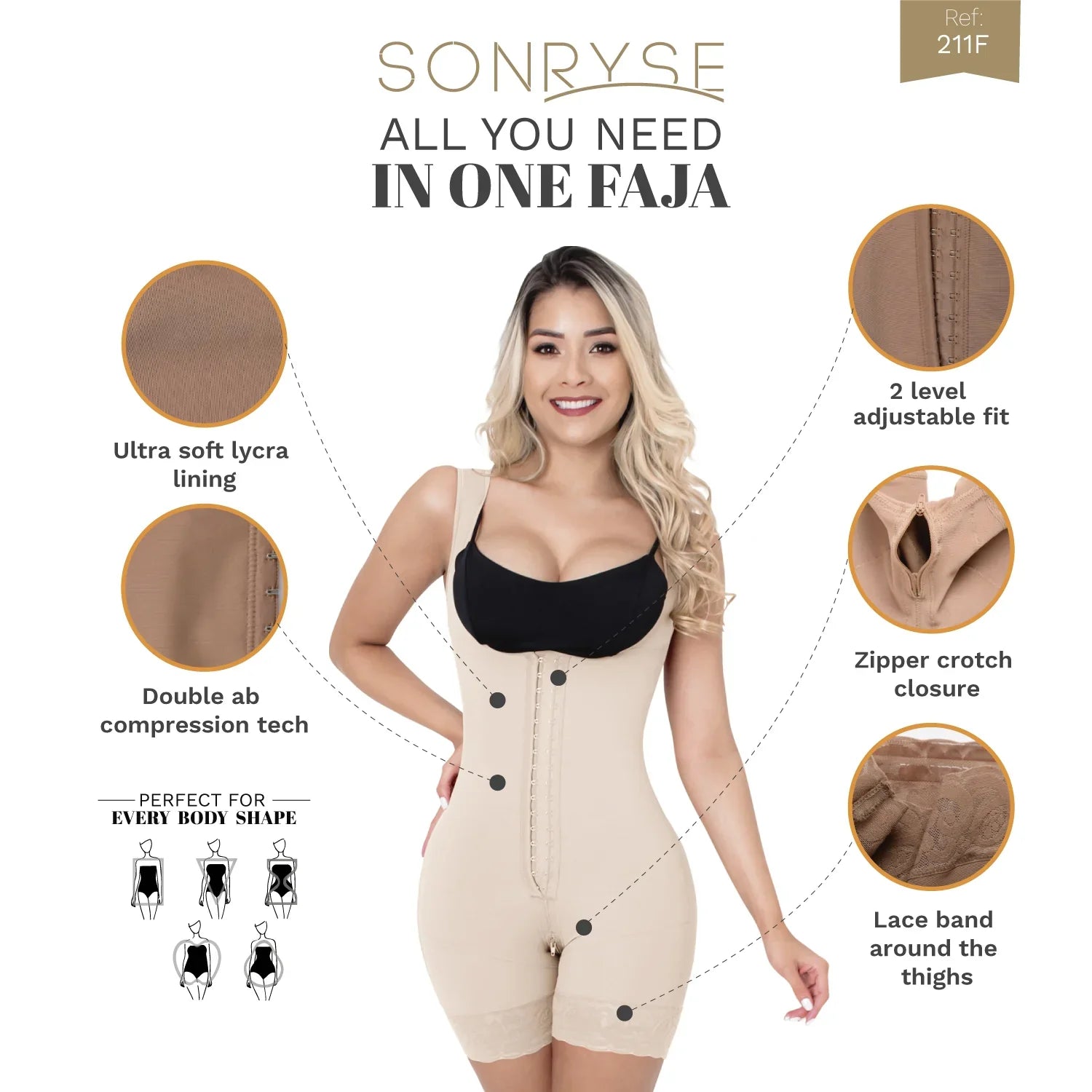 Liposuction Post-Surgery Faja with Zippered crotch, Open bust, Medium compression Sonryse 211BF-4-Shapes Secrets Fajas